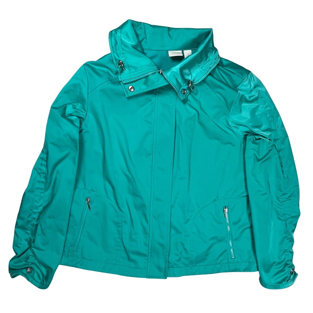 New Chico's Novelty Ruched Sleeve Jacket Women XL Gulf‎ Shore Green Zip Up NWT